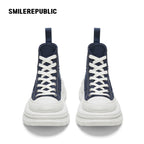 Navy Blue Smile Toe Canvas Chunky Platform High Top Lace Up Sneakers