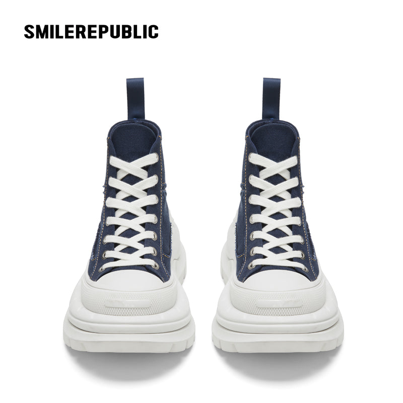 Navy Blue Smile Toe Canvas Chunky Platform High Top Lace Up Sneakers