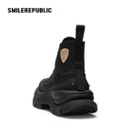 Black Smile Toe Canvas Chunky Platform Sneakers, Unisex High Top Lace
