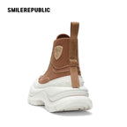 Khaki Canvas Smile Toe Chunky Platform Sneakers, Unisex High Top Lace Up Shoes