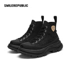 Black Smile Toe Canvas Chunky Platform Sneakers, Unisex High Top Lace