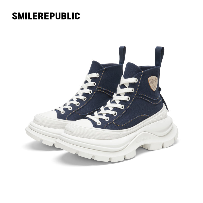 Navy Blue Smile Toe Canvas Chunky Platform High Top Lace Up Sneakers