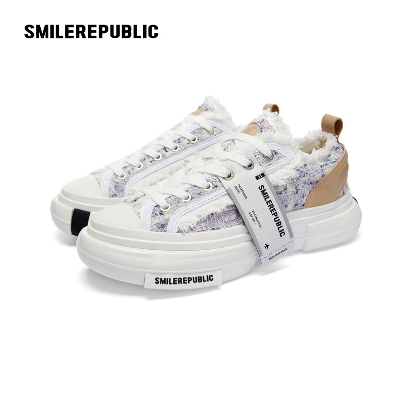 Lavender Plaid Wool Low-Top Platform Sneakers with Rubber Sole