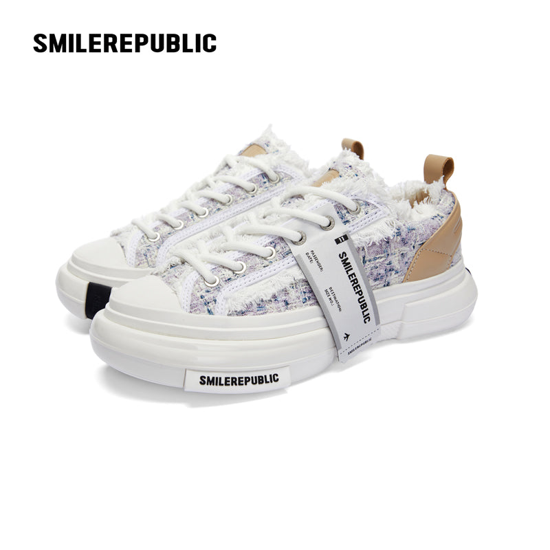 Lavender Plaid Wool Low-Top Platform Sneakers with Rubber Sole