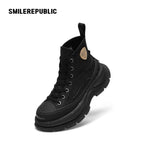Black Smile Toe Canvas Chunky Platform Sneakers, Unisex High Top Lace