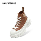 Khaki Canvas Smile Toe Chunky Platform Sneakers, Unisex High Top Lace Up Shoes
