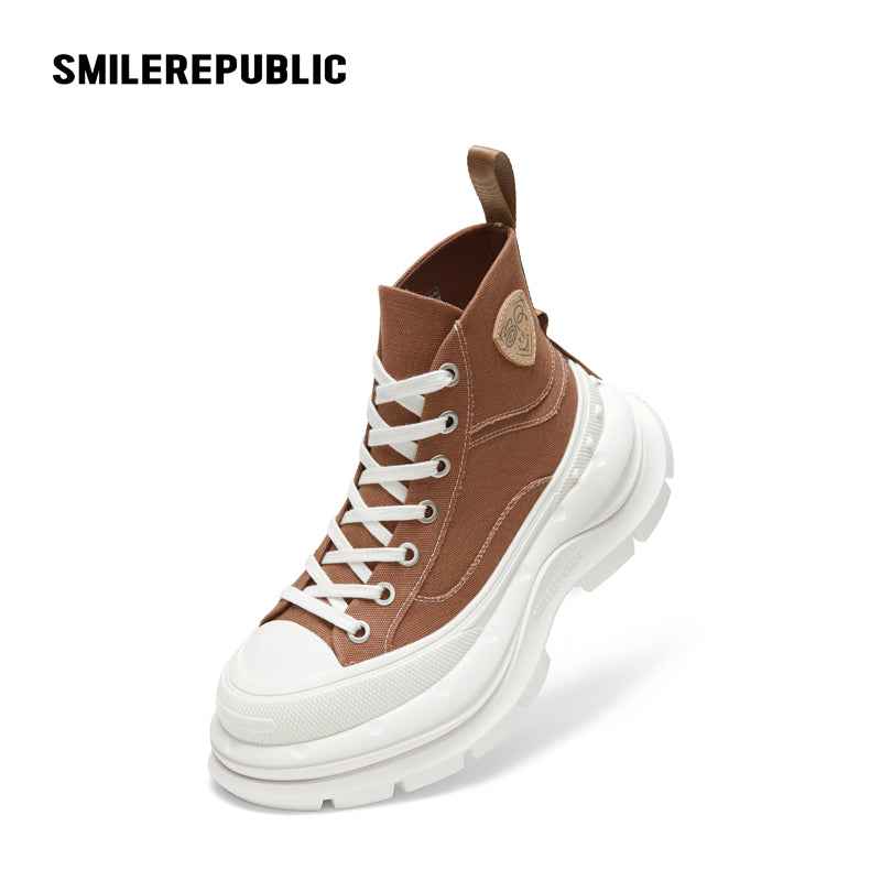 Khaki Canvas Smile Toe Chunky Platform Sneakers, Unisex High Top Lace Up Shoes