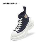 Navy Blue Smile Toe Canvas Chunky Platform High Top Lace Up Sneakers