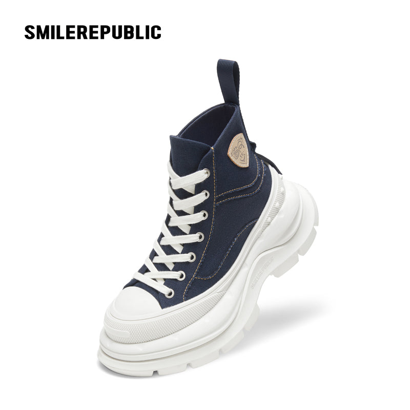 Navy Blue Smile Toe Canvas Chunky Platform High Top Lace Up Sneakers