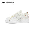 White Frayed Edge Smile Toe Platform Sneakers, Unisex Low Top Lace Up Shoes