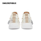 White Frayed Edge Smile Toe Platform Sneakers, Unisex Low Top Lace Up Shoes
