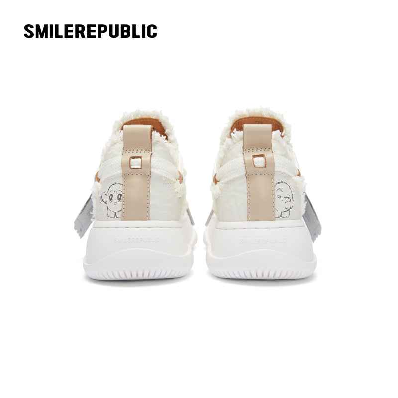 White Frayed Edge Smile Toe Platform Sneakers, Unisex Low Top Lace Up Shoes