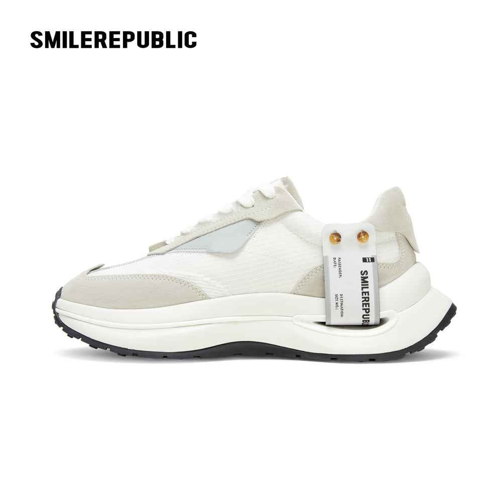 White and Gray Retro Runner Sneakers with Airplane Ticket Tag, Unisex Low Top