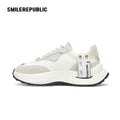 White and Gray Retro Runner Sneakers with Airplane Ticket Tag, Unisex Low Top