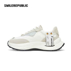 White and Gray Retro Runner Sneakers with Airplane Ticket Tag, Unisex Low Top