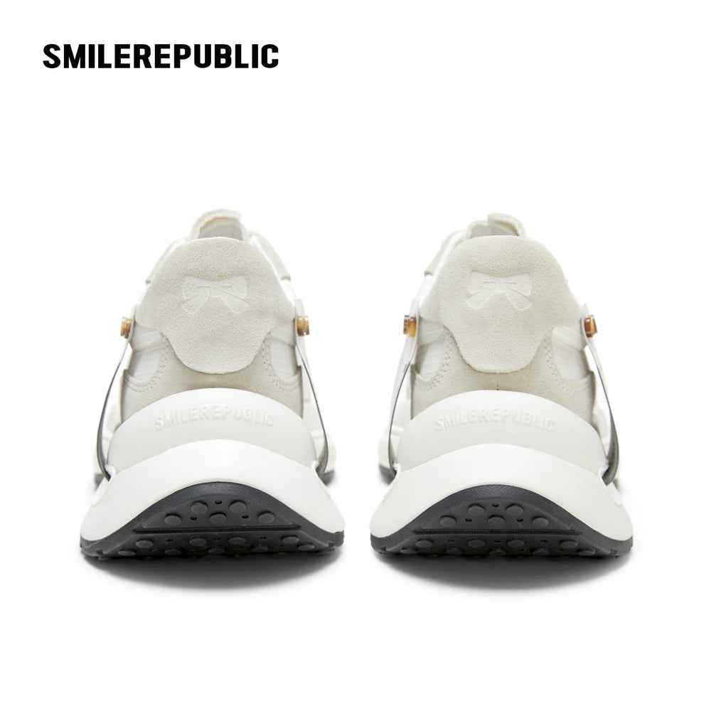 White and Gray Retro Runner Sneakers with Airplane Ticket Tag, Unisex Low Top