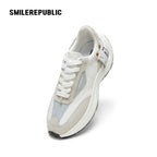 White and Gray Retro Runner Sneakers with Airplane Ticket Tag, Unisex Low Top