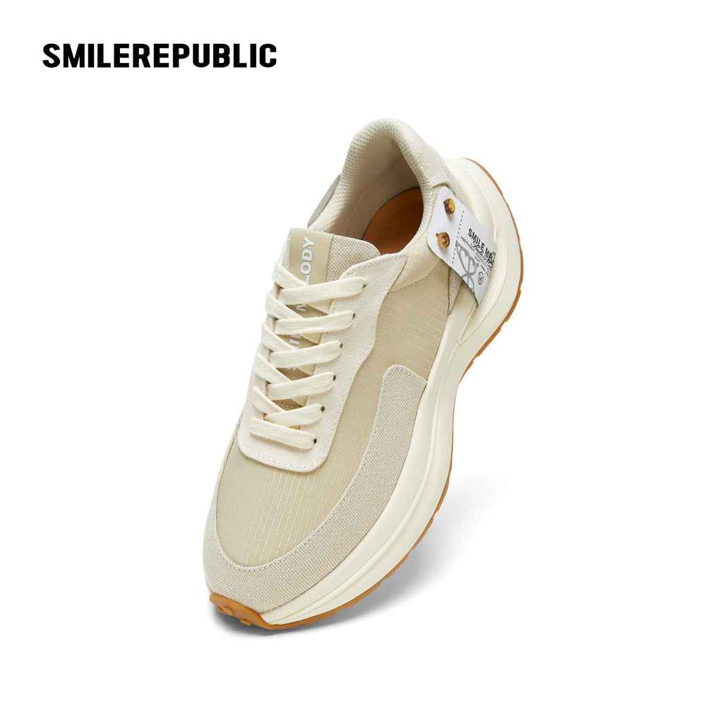 Khaki Low Top Retro Runner Sneakers with Gum-Colored Outsole and Branded Heel Tag