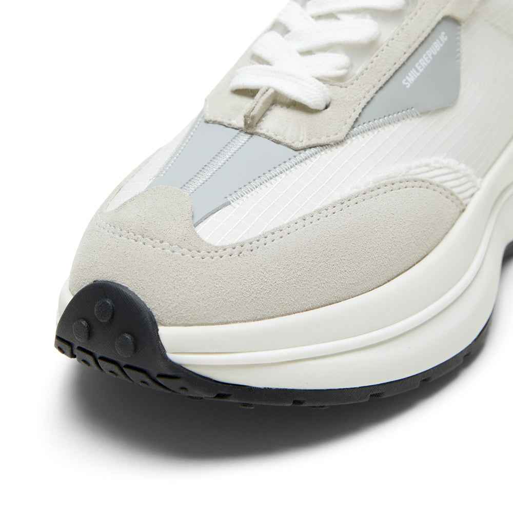 White and Gray Retro Runner Sneakers with Airplane Ticket Tag, Unisex Low Top