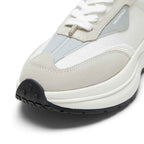 White and Gray Retro Runner Sneakers with Airplane Ticket Tag, Unisex Low Top