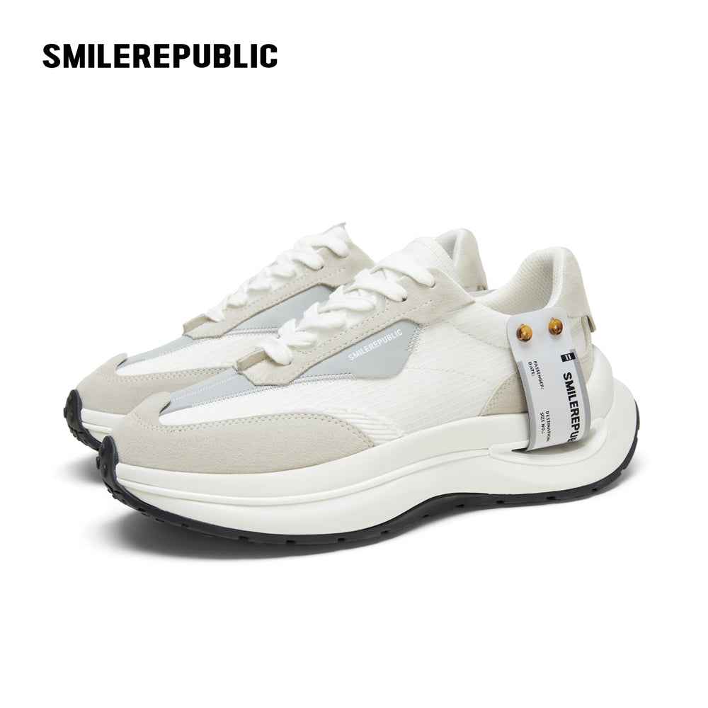 White and Gray Retro Runner Sneakers with Airplane Ticket Tag, Unisex Low Top