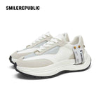 White and Gray Retro Runner Sneakers with Airplane Ticket Tag, Unisex Low Top
