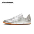 Silver Finish Square Toe German Trainer Sneakers, Low Top Lace Up Shoes