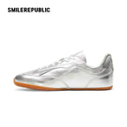 Silver Finish Square Toe German Trainer Sneakers, Low Top Lace Up Shoes