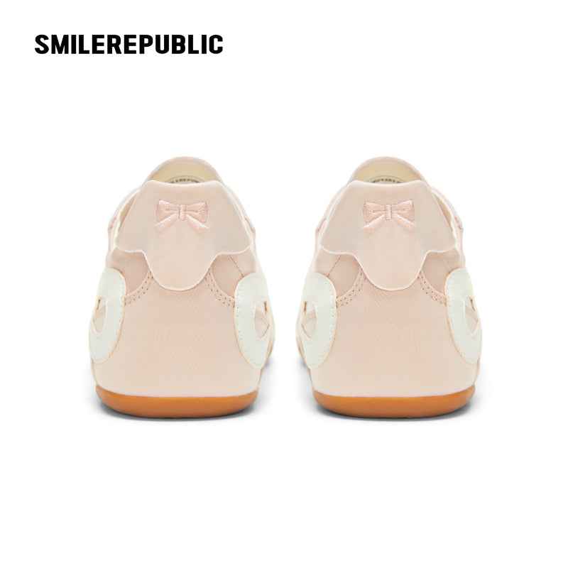 Light Pink Bow Detail Low Top German Trainer Sneakers with Square Toe