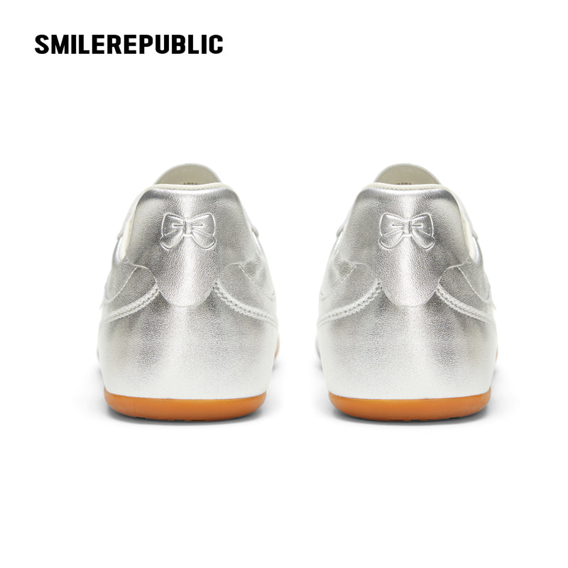 Silver Finish Square Toe German Trainer Sneakers, Low Top Lace Up Shoes