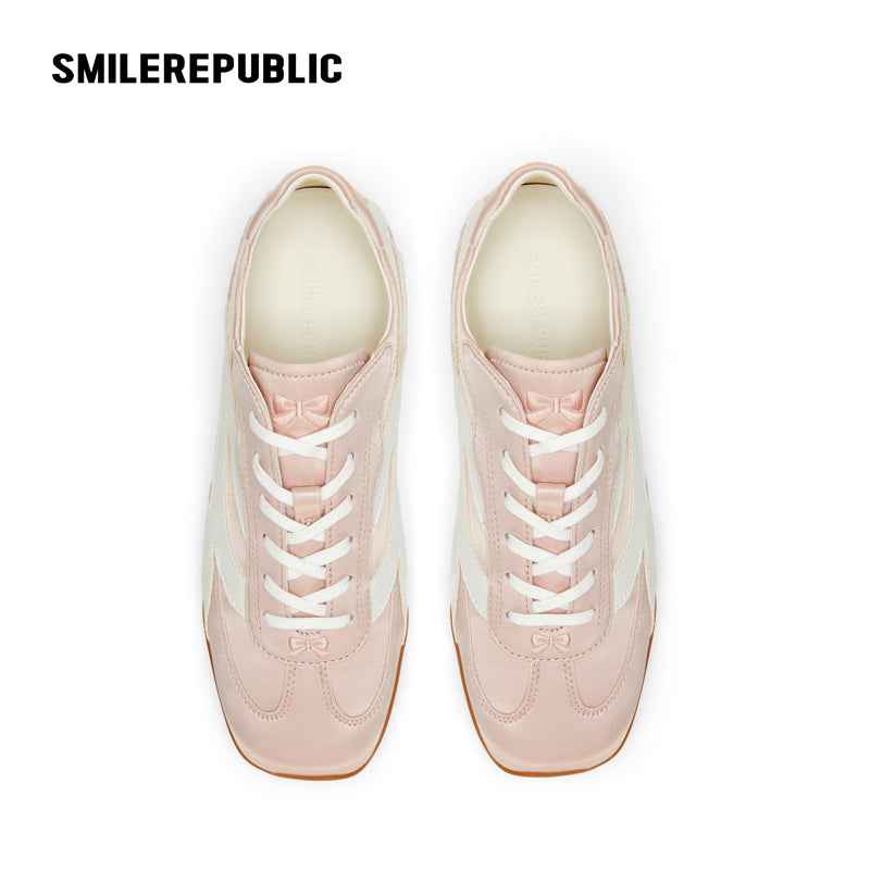 Light Pink Bow Detail Low Top German Trainer Sneakers with Square Toe