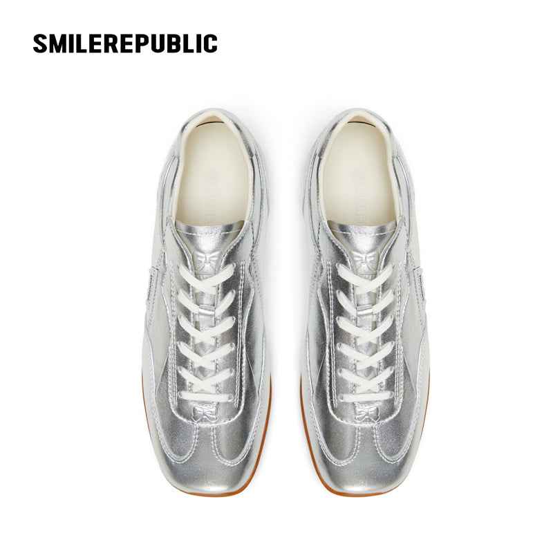 Silver Finish Square Toe German Trainer Sneakers, Low Top Lace Up Shoes
