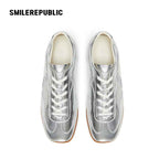 Silver Finish Square Toe German Trainer Sneakers, Low Top Lace Up Shoes