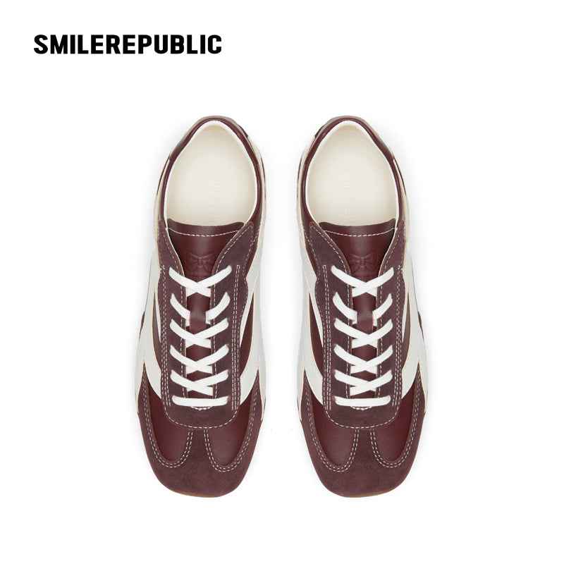 Burgundy Bow Side Detail Square Toe German Trainer Sneakers, Low Top Lace Up