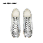 Silver Finish Bow Side Detail Square Toe German Trainer Sneakers, Low Top Lace Up