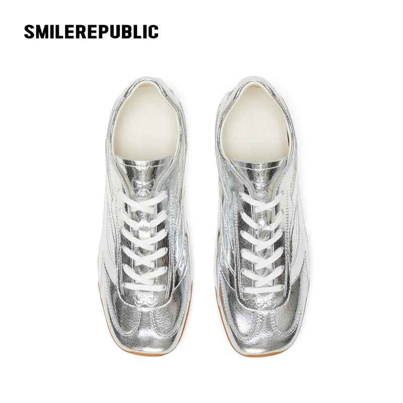 Silver Finish Bow Side Detail Square Toe German Trainer Sneakers, Low Top Lace Up