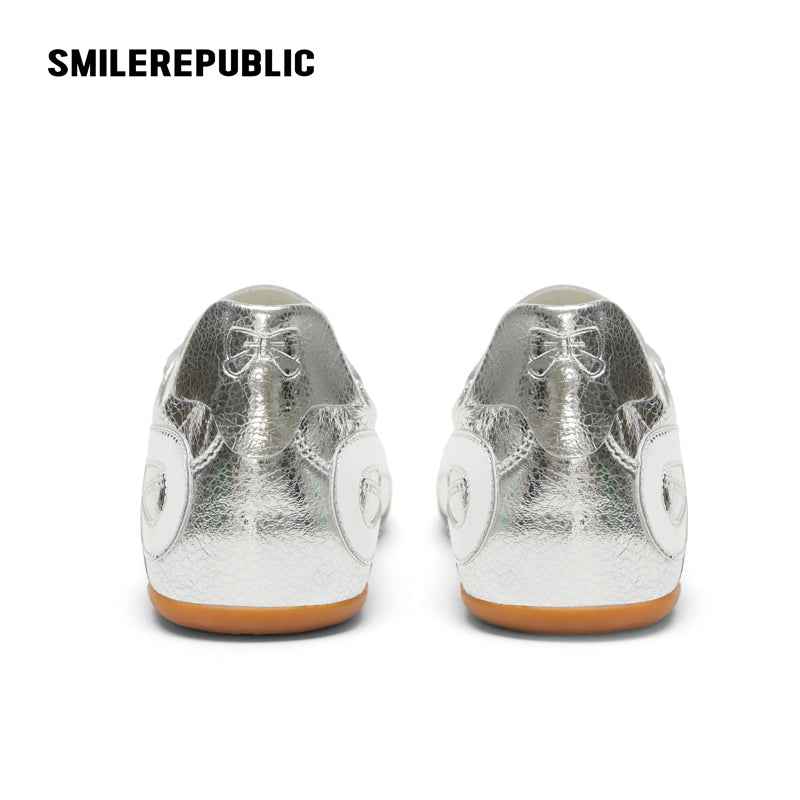 Silver Finish Bow Side Detail Square Toe German Trainer Sneakers, Low Top Lace Up
