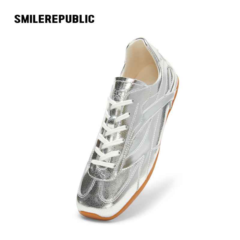 Silver Finish Bow Side Detail Square Toe German Trainer Sneakers, Low Top Lace Up