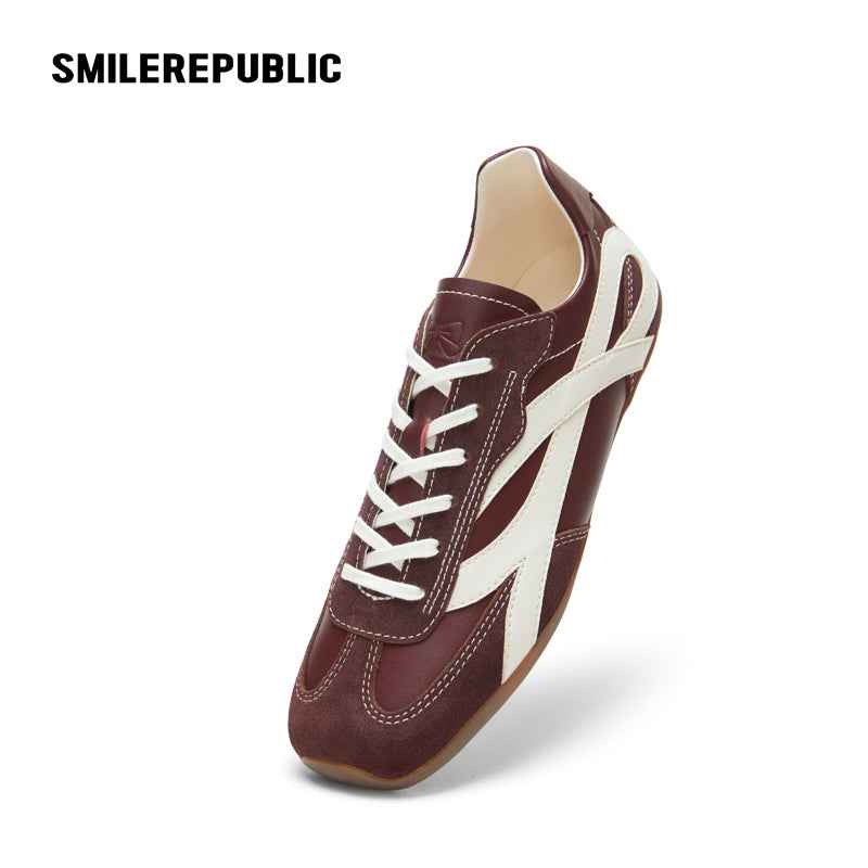 Burgundy Bow Side Detail Square Toe German Trainer Sneakers, Low Top Lace Up