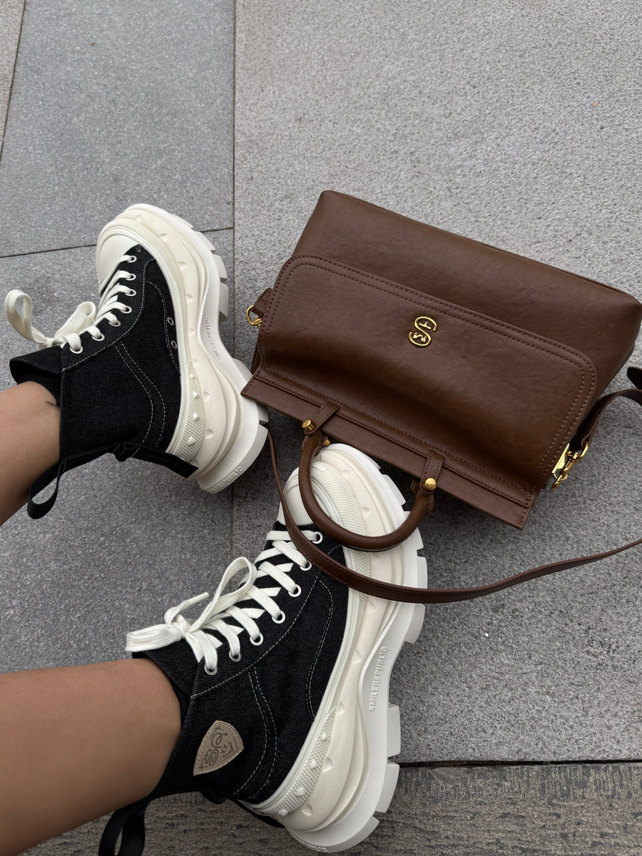 Black Canvas High Top Platform Sneakers, Unisex Chunky Lace Up Shoes 详情图 2
