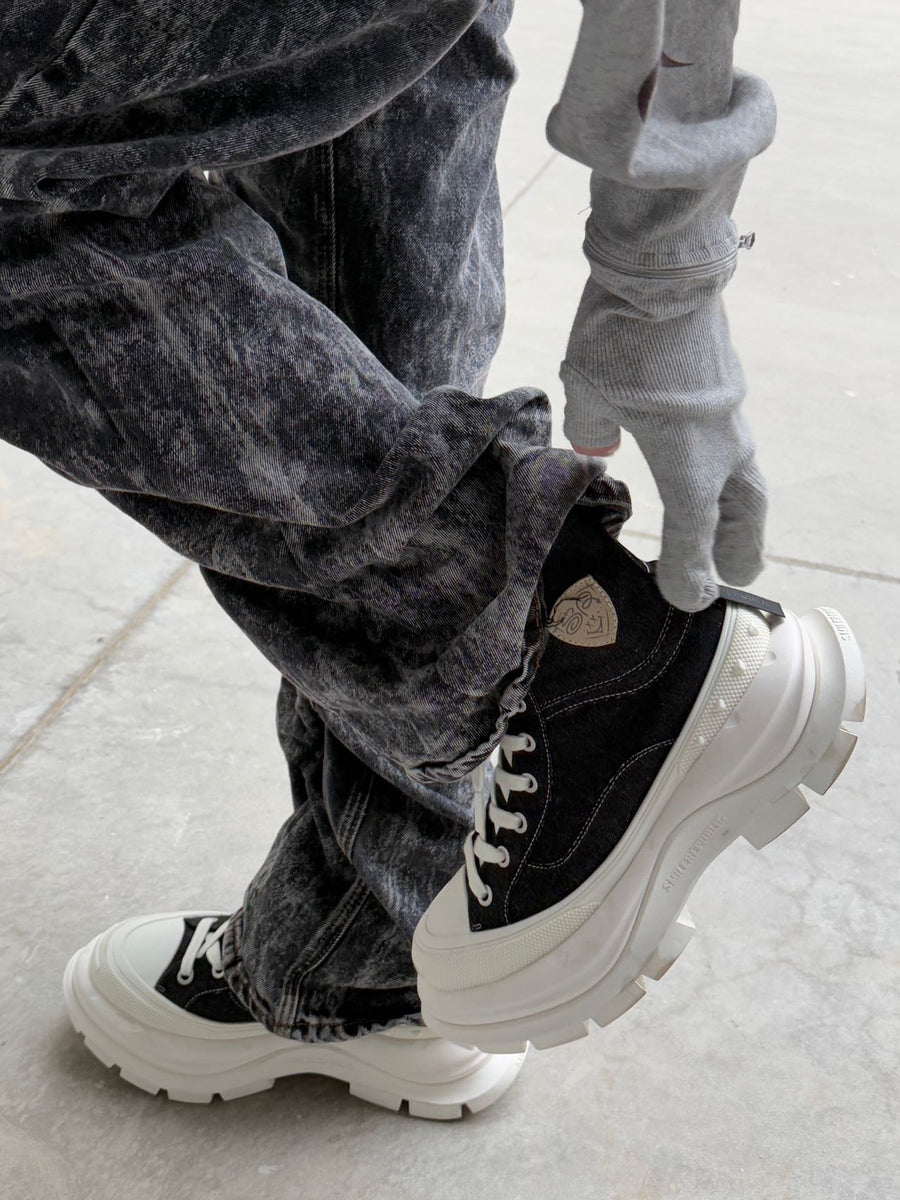 Black Canvas High Top Platform Sneakers, Unisex Chunky Lace Up Shoes 详情图 7