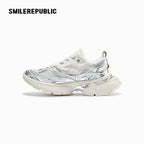 Metallic Silver White Mesh Chunky Sneakers, Unisex Lace Up Shoes