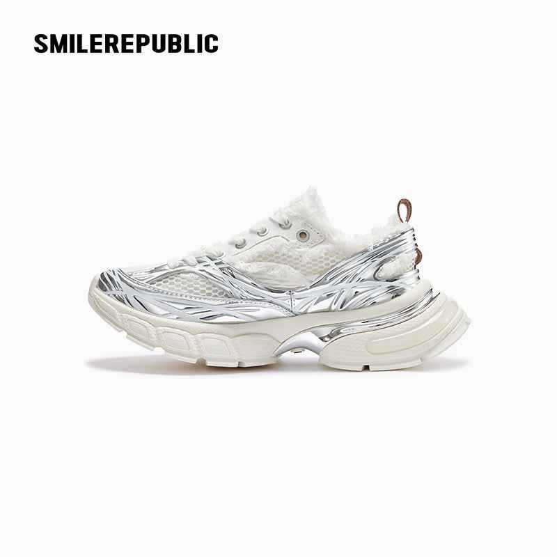 Metallic Silver White Mesh Chunky Sneakers, Unisex Lace Up Shoes