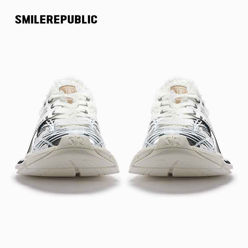 Metallic Silver White Mesh Chunky Sneakers, Unisex Lace Up Shoes