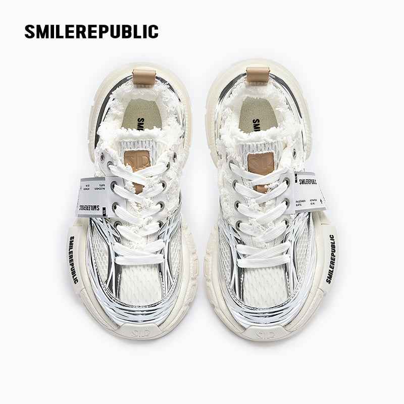 Metallic Silver White Mesh Chunky Sneakers, Unisex Lace Up Shoes