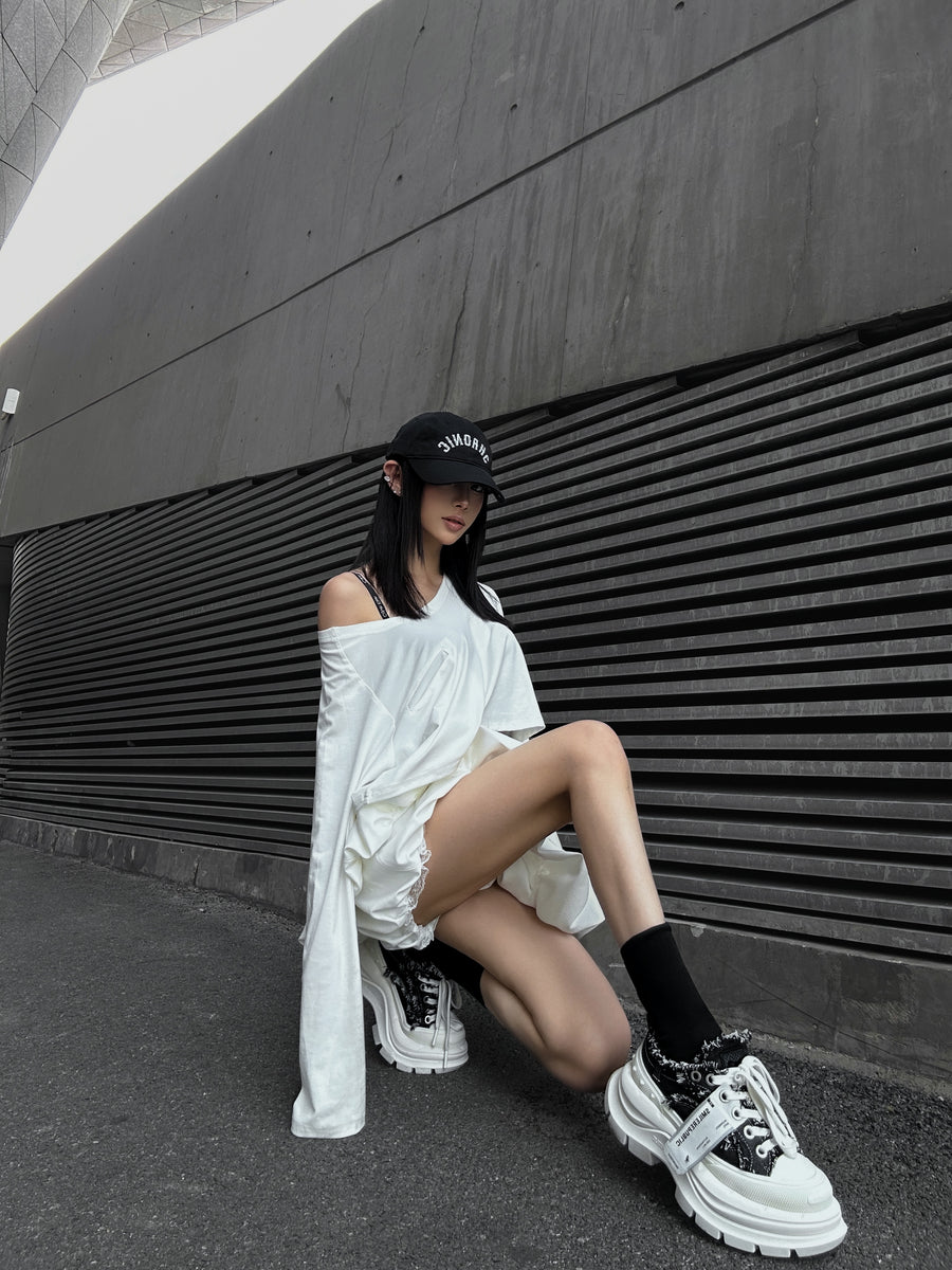 Black White Frayed Canvas Smile Toe Platform Sneakers, Unisex Lace Up Shoes 详情图 9