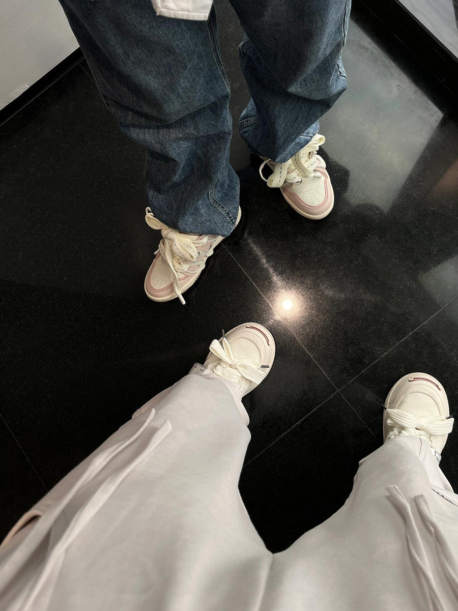 White Frayed Canvas Platform Sneakers, Unisex Low Top Lace Up Shoes 详情图 1