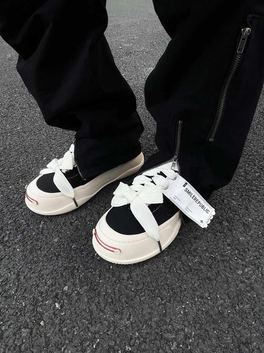 Black Frayed Canvas Platform Sneakers, Unisex Low Top Lace Up Shoes 详情图 3