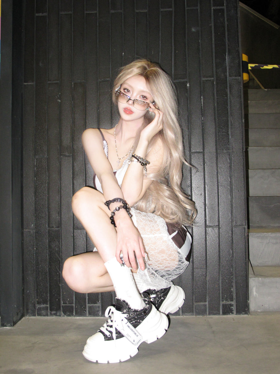 Black White Frayed Canvas Smile Toe Platform Sneakers, Unisex Lace Up Shoes 详情图 10