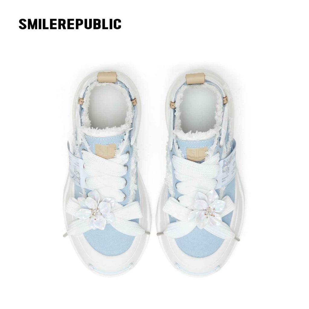 Light Blue Frayed Canvas Smile Toe Platform Sneakers, Unisex Low Top Lace Up